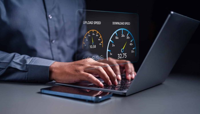 typing keyboard to inspect speed test internet broadband technology. then check quality, performance